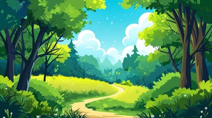 A nature landscape with a footpath, trail among trees. Pathway in a forest, clouds in the sky. Abstract summer scenery panorama background with a path. Flat modern illustration.