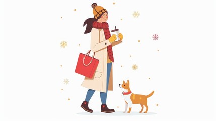 In this flat modern illustration, the woman is holding a coffee cup and a cute pet dog during a snowy winter holiday. She is holding a shopping bag, groceries, a drink from the take-out counter, and