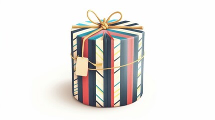 The gift is wrapped in striped paper with a string and tag. It is rolled into a surprise package with a cylinder shape, modern design, flat modern illustration isolated on white.