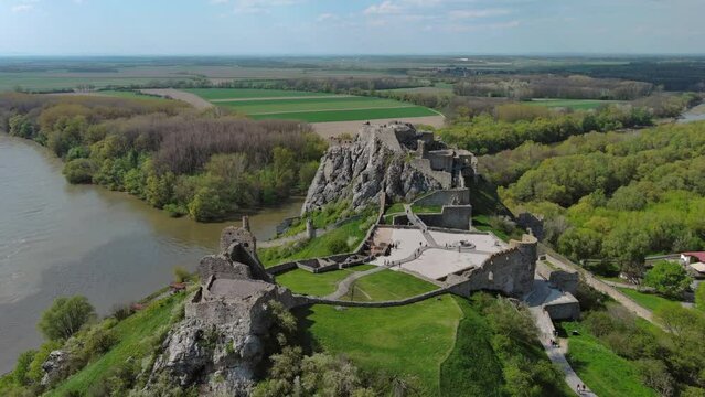 Aerial view of ruin castle Devin. Confluence of Danube and Morava rivers, Bratislava, Slovakia, 4k