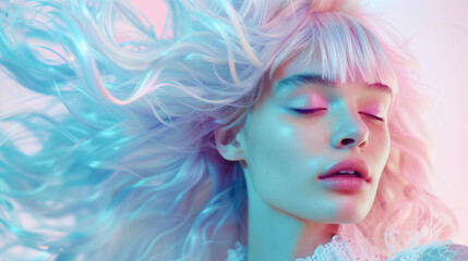 A beautiful woman with pastel hair, half of her face is covered in flowing pink and blue gradient colors, hair blowing in the wind, eyes closed, ethereal dreamy aesthetic