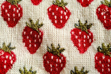 Knitted fabric with a strawberry pattern, stretched fabric, photographed from directly above, fabric pattern