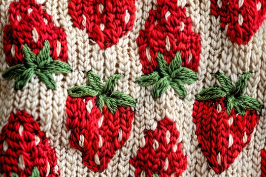 Knitted fabric with a strawberry pattern, stretched fabric, photographed from directly above, fabric pattern
