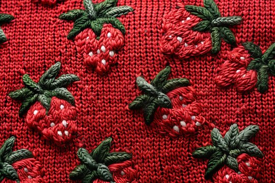 Knitted fabric with a strawberry pattern, stretched fabric, photographed from directly above, fabric pattern