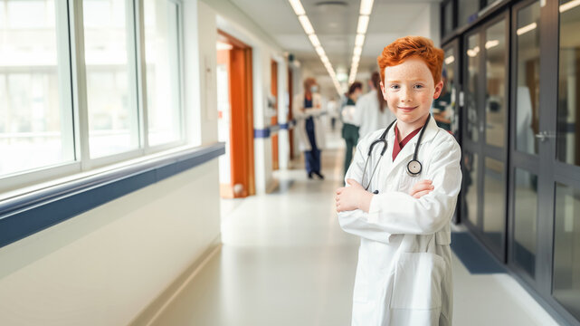 Confident Young Boy in Doctor Costume at Hospital Corridor