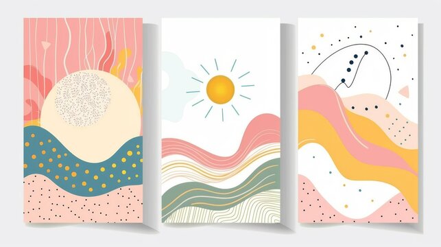 This is a set of three abstract pop art aesthetic backgrounds with sun lights, stars, Bohemian rainbows, waves, dots, spiral lines. It is perfect for social media and web design in vintage style.