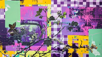 Colorful collage with retro computer in trendy halftone style with purple checkered background and acid green doodles.