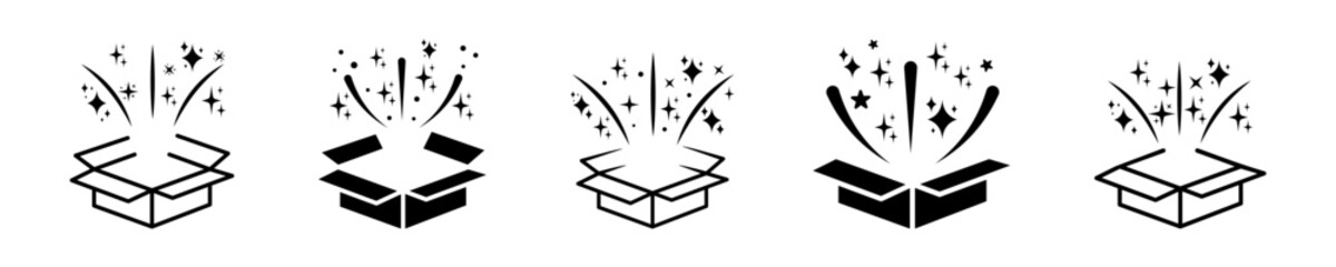 Set of magic box vector icons. Box with celebration surprise. Mystery gift. Vector 10 Eps.