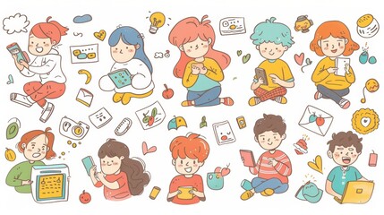 The hand drawn style modern design illustration depicts people in smartphones doing various things.
