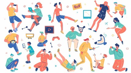 In this flat design style modern illustration, players hold various devices and pose in various positions.