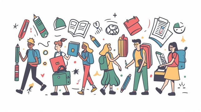 This modern illustration depicts school students using huge school supplies. It is flat in design style and minimal in style.