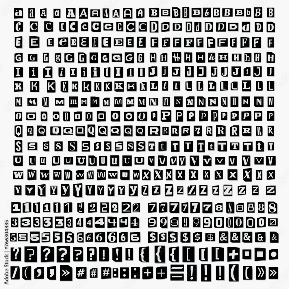 Fototapete black and white cut out ransom letters collage vector alphabet blackmail note font. paper blackmail 