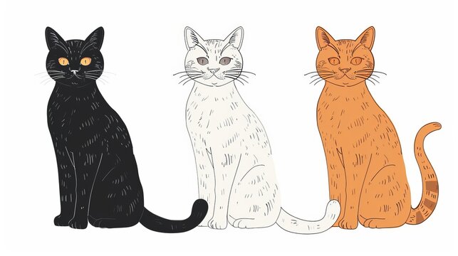 A cute modern cat picture showing a white cat, a black cat, an orange cat, and a brown cat.