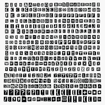 Black and white Cut out ransom letters collage vector alphabet blackmail Note Font. Paper Blackmail Kidnapper Anonymous Letters, Numbers and punctuation marks Criminal ransom letters. Compose your own