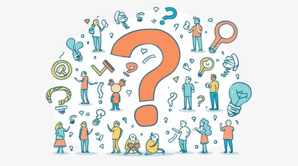 There are small characters asking questions surrounding a large question mark. An illustration in a flat design style with minimal elements