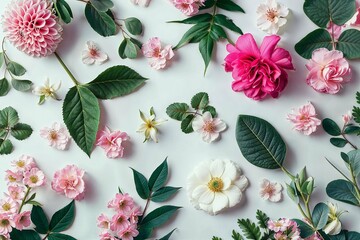 Vibrant pink and white flowers with green leaves on a white background, perfect for spring themes, fashion, design with floral motifs. - 766304568