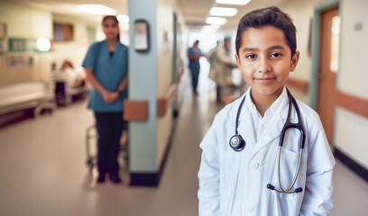 Confident Young Boy in Doctor Costume at Hospital Corridor