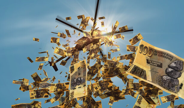 Zimbabwe dollar ZWL 100 banknotes helicopter money dropping 3d illustration