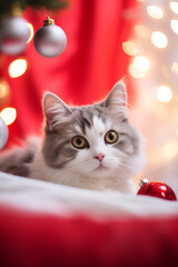 Cat on Christmas bed background. Happy new year backdrop. Celebrating winter holidays card.