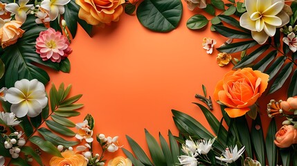 Floral and botanical background, Abstract pattern with spring flowers on a orange background