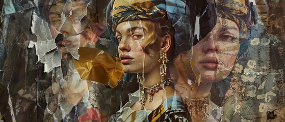 An example of a creative collage depicting medieval women as royalty persons from famous works of art dressed in vintage clothing on a dark background. Two epochs are compared, modernity and - obrazy, fototapety, plakaty