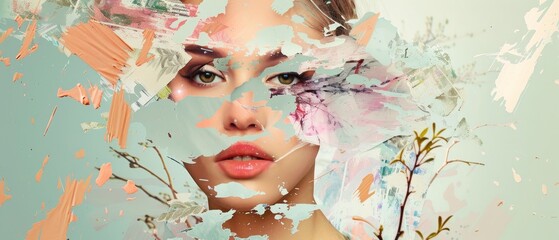 Portrait of a young woman composed of pieces of faces, a collage of modern art. A new point of view on beauty and fashion, make up, hairstyles. Modern style, contemporary perception of emotions, - obrazy, fototapety, plakaty