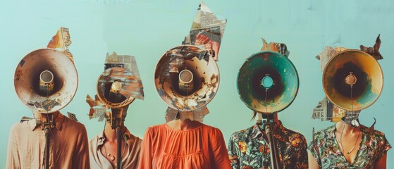 A group of people holding megaphones instead of their heads. Contemporary art collage. Ideas, imagination, art, surrealism. Concept of social issues, propaganda, mental health. Information broadcast. - obrazy, fototapety, plakaty