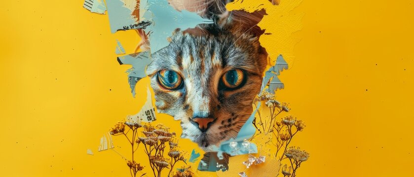 The image depicts a portrait of a cat sphinx with male eyes over a yellow background. It represents animal emotions with human emotions. This image represents the concept of surrealism, fun,