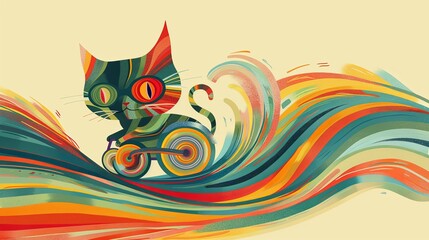 Fototapeta premium Abstract Cat Riding Waves of Color