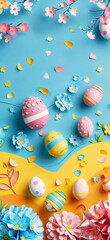 Easter Composition of Eggs Flowers on Colorful Background Illustration for Poster Banner Flayer Greeting Card Add or Post
