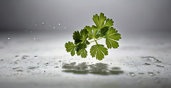 Sprig of fresh chervil captured mid-air, droplets of water surrounding it