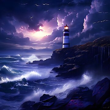 A lighthouse on top of the rock hill, big tidal wave, storm and lightning
