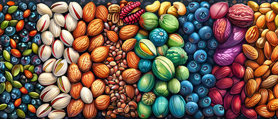 Nut and seed assortment closeup healthy fats and proteins Stylish in the style of vibrant dot Digital art - obrazy, fototapety, plakaty