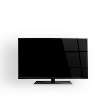 Modern flat screen television with a sleek, black frame and a glossy, silver surface. mounted on a wall and appears to be connected to a cable or satellite service.