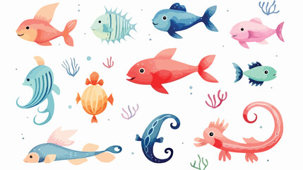 Sea creatures in watercolor style Flat vector isolated
