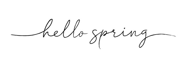 Hello spring calligraphy and brush pen lettering. Hand drawn holiday ink illustration. Isolated on white. Design for greeting card text, invitation, poster. Modern style typography background. - Powered by Adobe