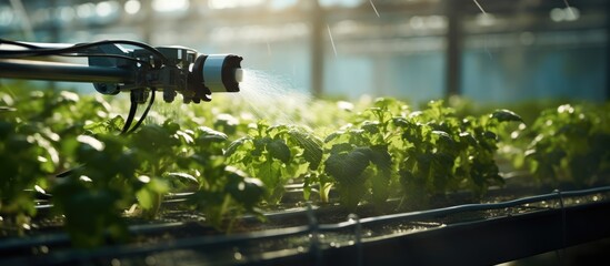 Automatic robot watering organic plants in agricultural company greenhouse
