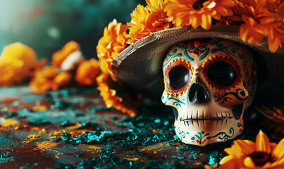 Decorative skull with colorful patterns surrounded by marigolds, evoking the festive spirit of Día de Muertos or Halloween