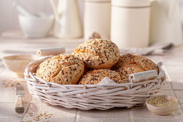 Healthy wholegrain kaiser buns freshly baked at home. - 766306192