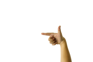 A close up of a man is hand pointing at something against a transparent background, emphasizing focus on a particular subject or detail