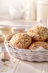 Homemade wholegrain kaiser buns baked fresh at home. - 766306369