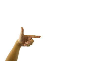 A close-up image of a man is hand pointing at something against a transparent background, directing attention to a specific detail or object