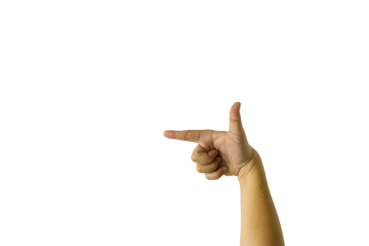 A close up of a man is hand pointing at something against a transparent background, emphasizing focus on a particular subject or detail