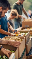 Group of people volunteering at a local food bank. They sort and distribute food items to refugees, homeless individuals, and underprivileged, demonstrating solidarity and care for those in need. 