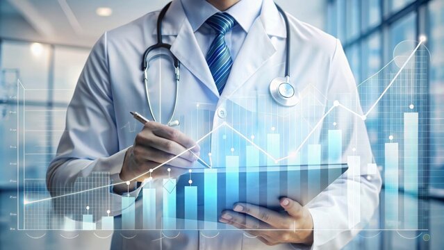 Doctor with clipboard and futuristic healthcare graphs - A confident medical professional analyzing health data with futuristic digital graphs, symbolizing modern medical analysis and diagnostics