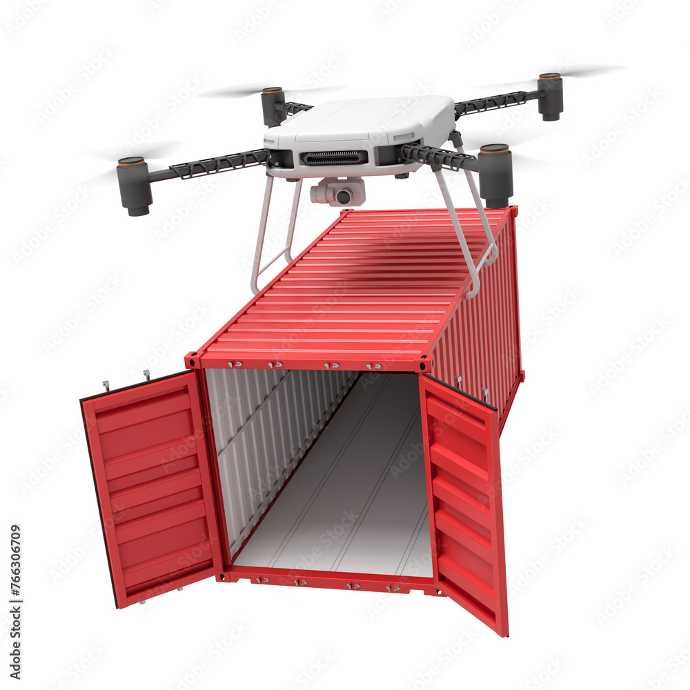 Poster 3d rendering of drone lifting opened red shipping container isolated on white background
