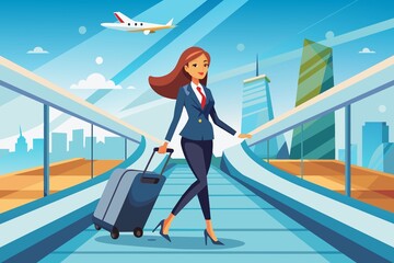 Businesswoman walking at airport terminal - Illustrated professional woman pulling a suitcase in an airport walkway with city view and airplane in distance