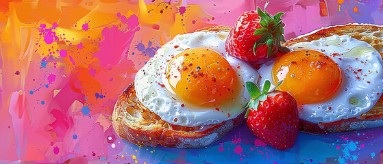 Fried Eggs on Toast with Strawberries and Splashes