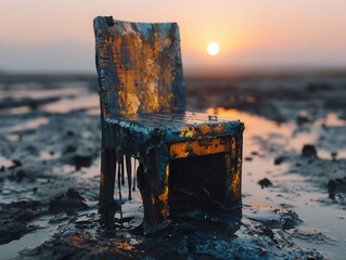 Melting chair transforming into oil paint, dreamy ambiance, pastel colors, golden hour, artistic...