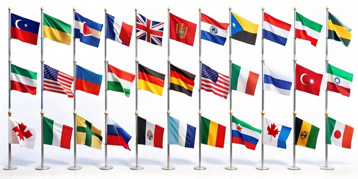 Vibrant display of assorted world flags - Bright, colorful flags from multiple countries presented together, symbolizing global cooperation, communication, and international relations in the modern wo